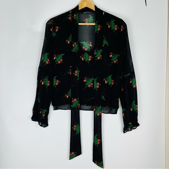Zara Black Sheer Floral Blouse With Tie Detail - Picture 1 of 6